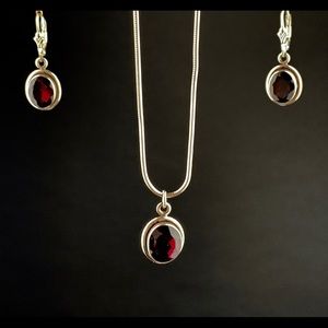 Sterling Silver Garnet Stone Earrings & Necklace